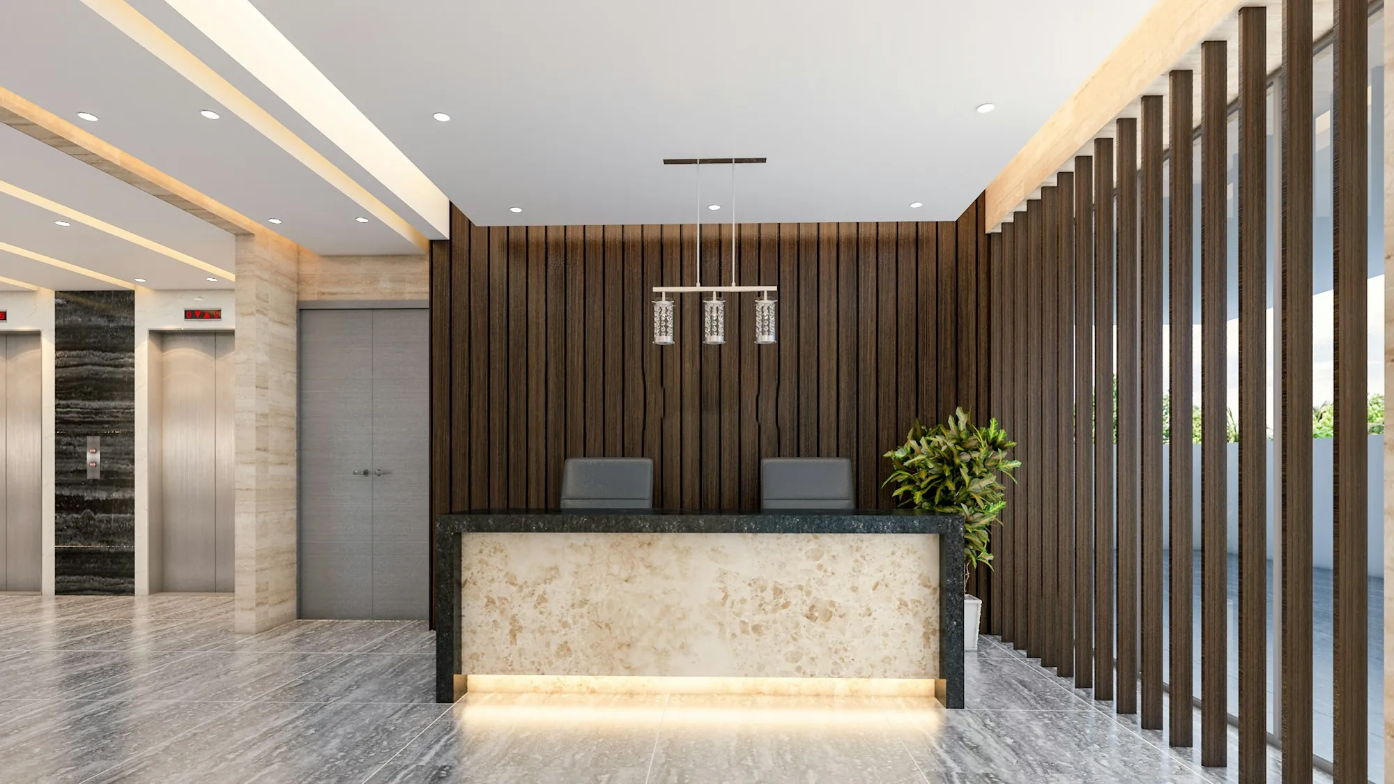 Office reception area with wood panels